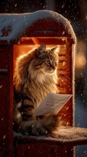 Fluffy Cat Reading Christmas Letter in Snowy Mailbox – So Magical!