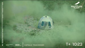 "Best day ever!" #BlueOrigin's New Shepard capsule carrying Jeff Bezos and crew safely lands in the Texas desert after a short trip to space. https://trib.al/Z6fkgay | Bloomberg Originals