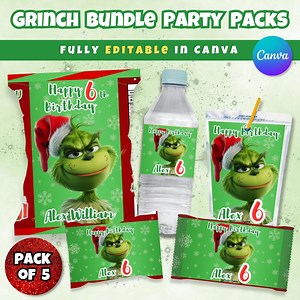 Grinch Birthday Party Favor Templates, Editable Bundle (canva & PDF) - Etsy