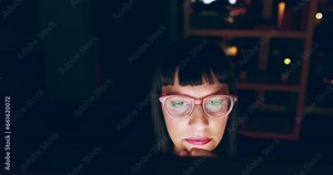 Woman thinking, computer and confused at night for information technology, software or programming solution. Young worker or programmer reading online with doubt, risk or problem solving or analysis