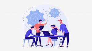 Colleagues working together on project illustration business animated , Business teamwork. Collaboration, cooperation and partnership. Moving banner with happy male, Components of teamwork lead