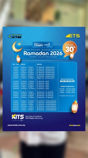 Diskaun 30% Tiket ETS Sepanjang Ramadan! 🚆🌙 Bermula hari ini, 23 Februari, nikmati diskaun 30% bagi perjalanan ETS pada hari Isnin hingga Khamis. Gunakan kod promo berikut sebelum membuat pembayaran: ✨ RAMADAN30 ✨ MUBARAK30 Dapatkan tiket di aplikasi KITS Style atau di https://bit.ly/47J3W1w dan di semua medium pembelian tiket KTMB. #ETS #KTMB #ETSkanAda #railwaytoseemalaysia #VisitMalaysia2026 | KTM Berhad