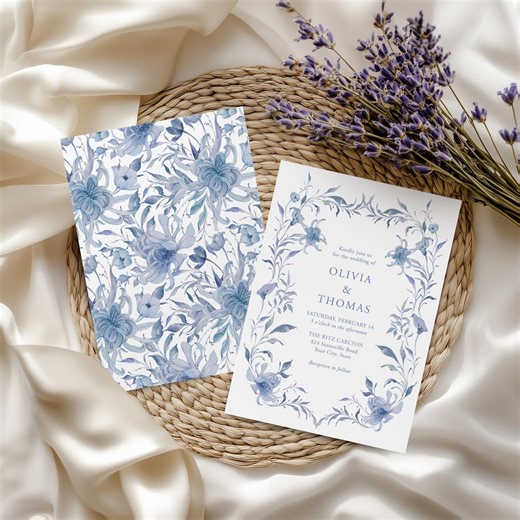 Navy Blue Floral Wedding Invitation, Garden Botanical Corjl Template, Watercolor Flowers, Elegant Wedding Stationery, Edit Yourself 166 - Etsy