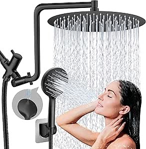 12" Rainfall Shower Head with Handheld Combo, High Pressure Shower Heads with Upgraded 12" Adjustable Curved Shower Arm, 6 Settings Handheld Shower Head Built-in Power Wash Anti-leak (Matte Black)