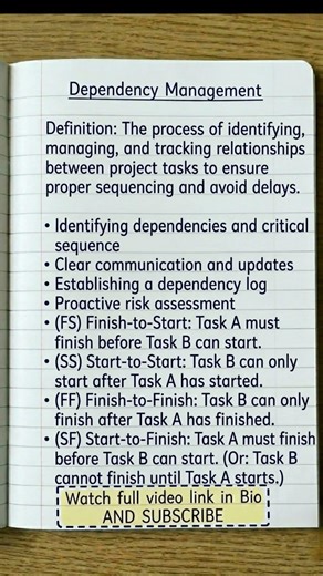 Dependency Management in Project Management | Dependencies Explained | FS, SS, FF, SF with Examples