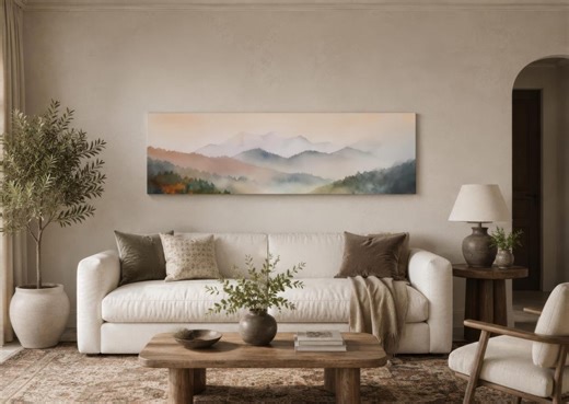 Misty Mountain Wall Art, Above Bed Canvas Print, Soft Blush Foggy Forest Painting, Neutral Bedroom Landscape Decor, Elegant Long Narrow Art - Etsy.de