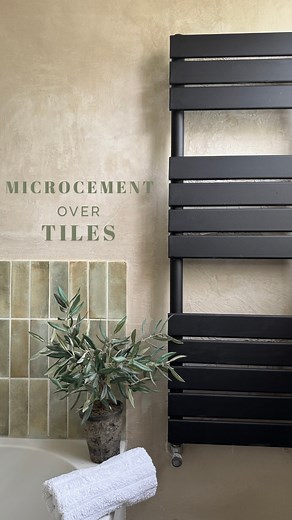 Claire Douglas - DIY & home styling on a budget on Instagram: "ad Microcement over tiles… . I’ve been raving about microcement as an affordable way for DIYers to transform spaces ever since I used it to revamp my kitchen a few years ago. . Our bathroom was a very uninspiring place with floor to ceiling large white tiles, more like a lab than a family bathroom & desperately needed a makeover (on a budget of course!) . I didn’t want to remove the tiles as they are installed over thin stud walls th