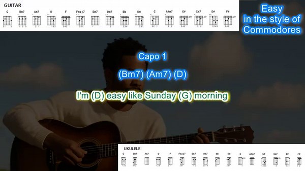 Easy (capo 1) in the style of Commodores play along with scrolling guitar chords and lyrics