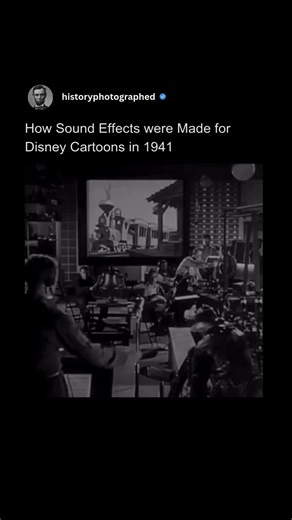 History Photographed on Instagram: "Step behind the scenes at Walt Disney Studios in 1941, a time when runaway creativity met analog ingenuity.⁠ ⁠ In the absence of modern digital tools, sound effects wizards like Jimmy MacDonald crafted immersive audio using homemade machines; think wind- and rain-making contraptions, glass-jug motors, and even a bowed-frog ribbit device.⁠ ⁠ They leaned on clever Foley techniques: scraping metal across glass for screeching brakes, orchestrating crashes with arr