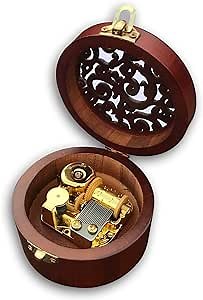 BinkeGG Play (Edelweiss) Brown Wooden Circular Hollow Out Music Box with Sankyo Musical Movement (65 Tunes Option)