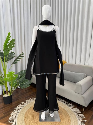 Black Mirror Work Kurti Set With Bootcut Pants, Faux Georgette Festive Outfit - Etsy