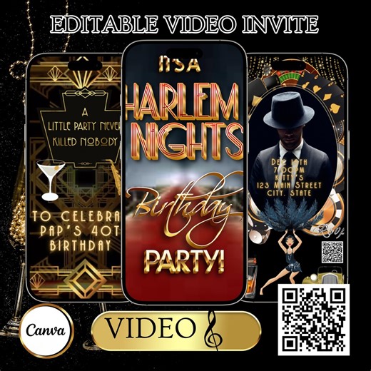 Harlem Nights Birthday Video Invitation | 1920s Gatsby Editable Canva Evite | Roaring 20s Party Digital Invite | Jazz Theme Celebration - Etsy
