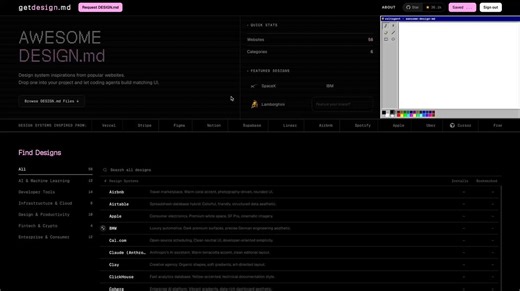 DESIGN . md has been blowing up in the community all week with  awesome-design-md repo. Clearly something devs have been wanting for a long time.There’s now a website where you can browse, preview, and install any design system with one npx command.