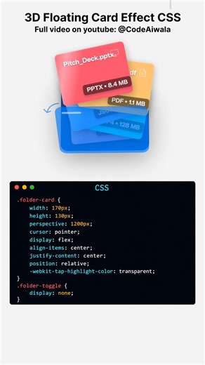 #video #tech #css 3D Floating Folder Card Animation Using Pure CSS #programming #webdesign #frontend