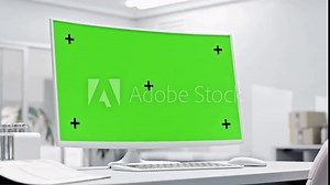 Computer MockUp. Animation, 3D Render. Empty desktop computer on work desk in laboratory or white room. Can be used in erelated to science, education, or technology. Green screen for banner and logo.