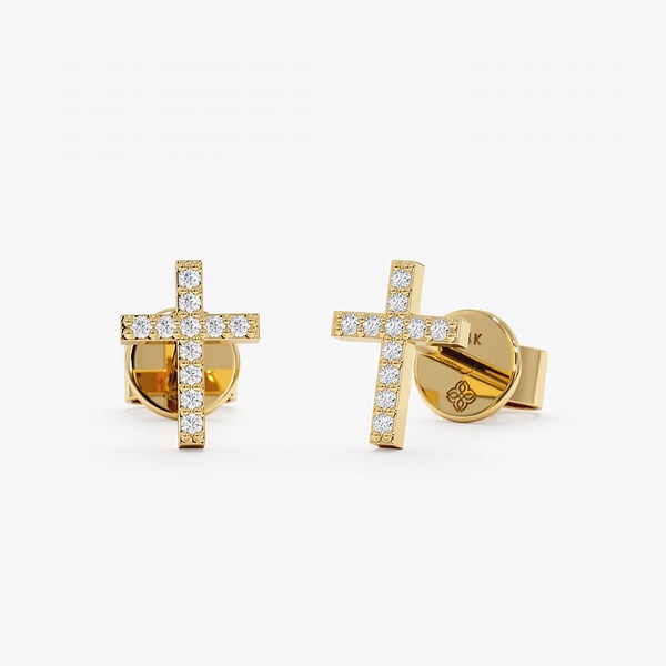 14k Gold Small Diamond Cross Earrings, Small Diamond Cross Studs, Dainty Cross Earrings, Natural Diamonds, Solid Gold Minimalist Studs, Mary - Etsy