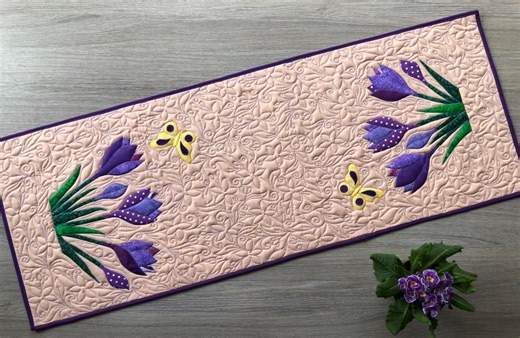 Handmade Crocus Appliqué Quilted Table Runner: Spring Floral Decor (16х40) - Etsy