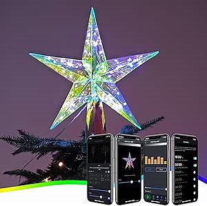 Christmas Star Tree Topper, 10” 50LEDs Smart Lighted Christmas Tree Topper Treetop App Control USB Powered Xmas Music Sync Tree Top for Christmas Tree Holiday