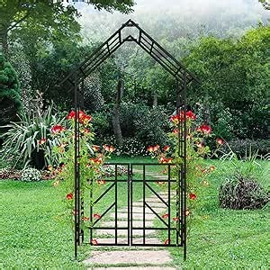 Metal Garden Arch with Gate 58" W x 97" H Outdoor Arbor Trellis for Climbing Plants Rose Ivy Jasmine Support Galvanized Steel Arched Arbor with Powder Coated Finish
