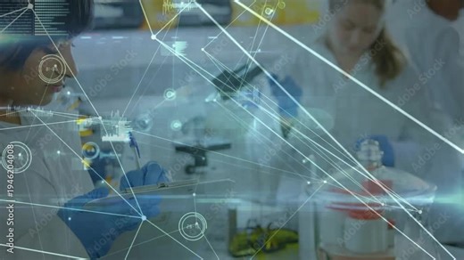 Right scientist pipetting and causing scientist writing sample notes under network overlay in lab