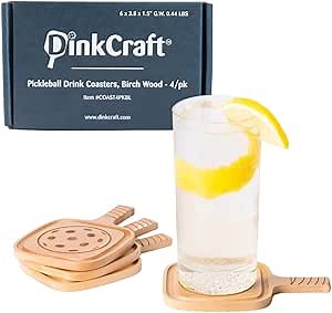 Pickleball Drink Coasters, 4/Pack, Pickleball Gift, Party Decoration, Birch Wood Coaster Set, 3.5 x 3.5”, Paddle Shape with Handle, Varnished Finish