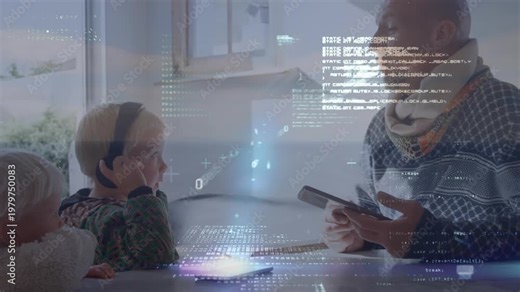 Animation of binary code, computer language, caucasian senior man teaching children using technology