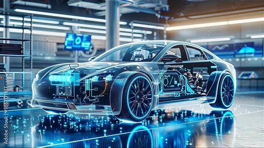 3D render car smart manufacturing factory, digital twin transparent x-ray internal structure, automated industrial assembly line and virtual simulation concept video footage.