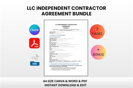 LLC Independent Contractor Agreement Bundle | Editable Canva Word PDF | Freelancer Service Contract - Etsy