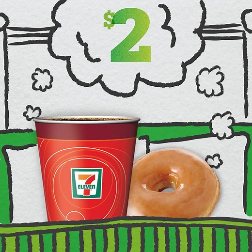 Wake up to our $2 Coffee and Donut deal! Look for more dreamy Big Deals in store. ☕️🍩 | 7-Eleven