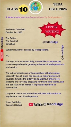 Letter Writing | Letter to Editor on Loudspeaker Nuisance | SEBA Class 10 | HSLC 2026 | Assamese
