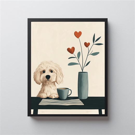 Printable Cockapoo Puppy Portrait - Modern Minimalist Dog Line Art, Neutral Cozy Decor, Warm Cream Wall Art, Digital Instant Download - Etsy