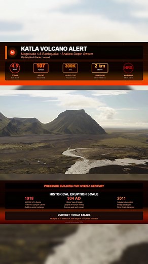 🌋ALERT: Iceland’s most dangerous volcano may be waking up 🌋 A magnitude 4.5 earthquake struck Katla this morning beneath 700 meters of ice. Several M3 quakes followed at shallow depth. Katla hasn’t erupted in 107 years. That’s twice its typical eruption interval. In 1918, it triggered floods at 300,000 cubic meters per second, faster than the Amazon River. Icebergs the size of buildings were thrown miles across the plains. A 1,700-meter-long ice canyon was carved in hours. A major eruption tod