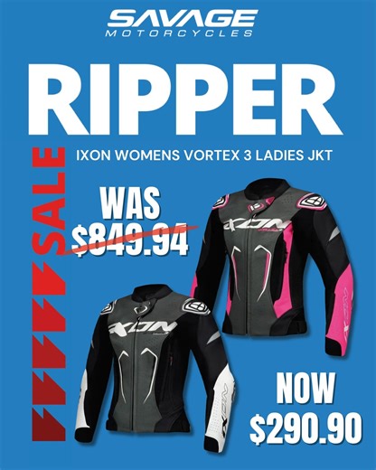 Savage Motorcycles on Instagram: "MEGA SAVINGS ON IXON WOMENS JACKETS! Ladies, don’t miss insane price slashes on the Vortex 3 Ladies Ixon Jacket! This is a must-have piece of riding gear! 💥 WAS: $849.95 💥 NOW: $290.90 📍 Get in-store at Savage Motorcycles — 3 Stanhope Gardens, Midvale WA 6056 while stocks last! In-store only! T&Cs apply #RideReady #LadiesGear #SavageDeals"
