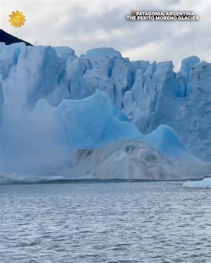 CBS News' "Sunday Morning" 🌞 on Instagram: "At Perito Moreno Glacier in Patagonia, our very own medical correspondent @drlapook captured a massive chunk of ice breaking off from the glacier’s base, marked by dark sediment on the ice. The dramatic calving left behind an iceberg with only about 10% of it visible above the water."