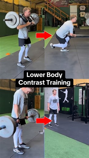 Alex Simone on Instagram: "Lower Body Contrast Training In each example we start with a heavy strength movement (85-90%) to stimulate the CNS and fast twitch fibers. Next, we transfer this heightened state into a synchronized activity that matches our strength movement. In this case we’re using a plyometric jumps (Lateral Speed Skaters) and explosive jump (Broad Jump). Contrast Pairing 1: A1. Alt. SSB Lateral Lunge x 2 reps/side (85-90%) A2. Alt. Lateral Speed Skaters x 2 jumps/side Contrast Pai