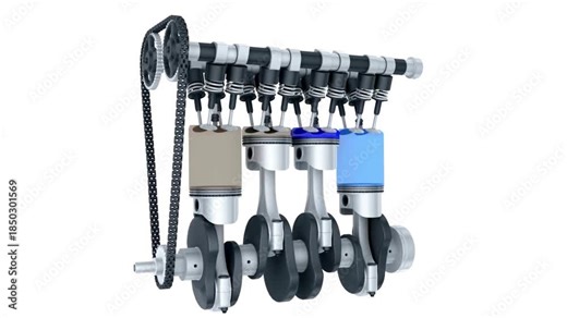 Detailed 3D animation of engine pistons and crankshaft in motion