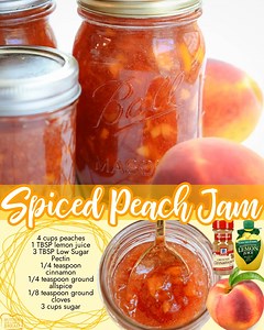 Peach Jam with the addition of Fall Spices! https://butterwithasideofbread.com/spiced-peach-jam/ Ingredients: 🍑4 cups peaches chopped/ smashed 🍑1 TBSP lemon juice 🍑3 TBSP Low Sugar Pectin rounded tablespoons 🍑1/4 teaspoon cinnamon 🍑1/4 teaspoon ground allspice 🍑1/8 teaspoon ground cloves 🍑3 cups sugar | Butter with a Side of Bread