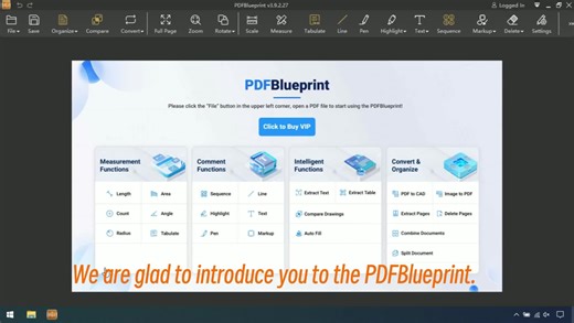 PDF Blueprint_ The intelligent PDF tool for Architecture, Engineering, Construction Professionals 1. Drawing & Document Viewer • Supports viewing PDF files • Compare Revision Drawings • Convert image files to PDF • Convert PDF to DWG format or image files • Identify & Extract Texts/Tables (OCR) • Find texts 2. Quick Markup Tools • Drawing tools such as Line, Rectangle, Ellipse, Arrow, Revision Cloud • Highlighter tool • Add and modify texts • Sequence labelling 3. Intelligent Measurement Tools •