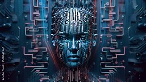 Intellect, vision, ideas, AI learning for future abstract brainstorming background. Futuristic technological connection of neural artificial intelligence with humanoid robot. 3D video loop animation.
