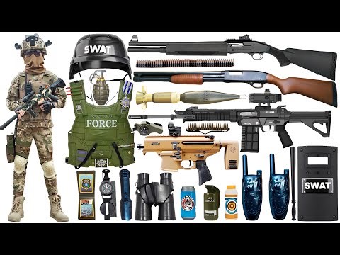 Special police weapon toy set unboxing, Hunting rifle, Draco AK, RPG rocket launcher,tactical helmet