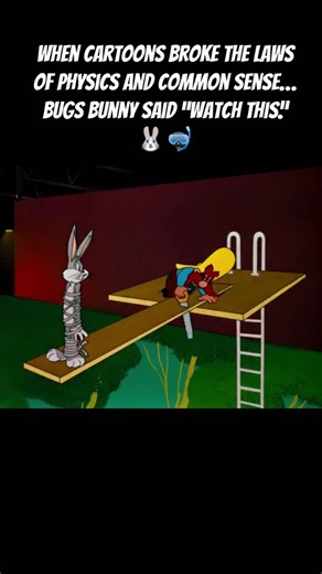 Historyteller11 | Classic Cartoons on Instagram: "🐰 Defying gravity - abridged.🐰 Gravity? Never heard of her. 😏 This reel taps straight into classic Looney Tunes chaos with High Diving Hare (1948), where Bugs Bunny turns fear itself into slapstick poetry. Set in a dusty vaudeville town, Bugs vs. Yosemite Sam becomes a masterclass in cartoon physics—where falling is optional and timing is everything. The “Defying Gravity – abridged” moment is peak golden-age animation: exaggerated pauses, impo