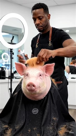 A bright professional pet salon with ring light reflections and high-key lighting. A chubby pink pig sits wearing a black grooming cape, with messy reddish-blonde human-like hair on its head. Close-up: a hand combs the tangled hair upward, frizzy strands sticking out in every direction. Side view: water spray flattens the hair, pig ears twitch slightly. Top-down: scissors trim a perfectly straight horizontal flat line, even clippings falling. Front view: clippers clean the sides, leaving a tall 