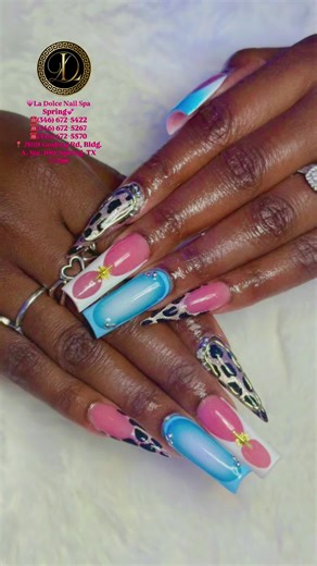 ✨ Cute meets bold vibes 💖💙✨ This nail set blends soft pink & baby blue with fierce leopard accents and sparkly details — playful, trendy, and totally viral 💅🔥 Ready to stand out? Book your appointment today 👇 📞 Book Appointment: ☎️ (346) 672-5422 ☎️ (346) 672-5267 ☎️ (346) 672-5570 📍 La Dolce Nail Spa – Spring Spring, TX 💌 Walk-ins welcome | DM us to book #LaDolceNailSpaSpring #TrendyNails #PinkAndBlueNails #LeopardNails #BlingNails 💅✨