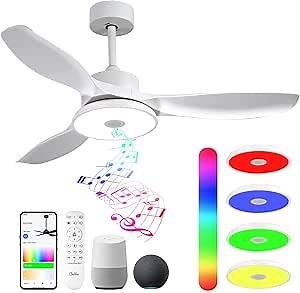 Smart Wifi Flush Mount Ceiling Fan With Lights,Bluetooth Ceiling Fan with Speaker and Remote/APP/Alexa Control,Dimmable RGB Light,Low Profile 6 Speeds Reversible Blades for Bedroom Kitchen Living room