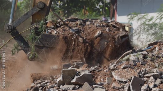 Excavator demolition rubble construction debris machinery digging urban cleanup building site, bucket moving broken concrete and soil, earthmoving dust clearing stone, crushing waste