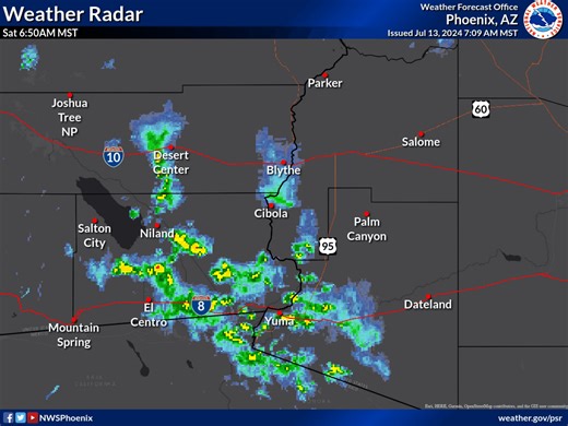 41 reactions | 7:10 AM MST/PDT: Scattered showers with isolated thunderstorms continue to move northwest through the Yuma area and Southeast CA this morning. This activity is producing some gusty winds and some light rainfall accumulations (up to ~0.10"). This activity will likely continue for the next 2-3 hours before dissipating and clearing off to the west and north of the area. | US National Weather Service Phoenix Arizona | Facebook