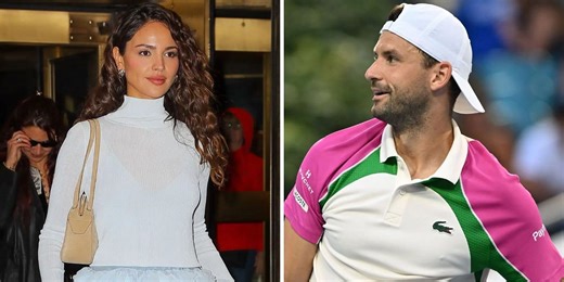After Grigor Dimitrov's win, Mexican actress Eiza Gonzalez holds his hand and gives him a kiss at Madrid Open