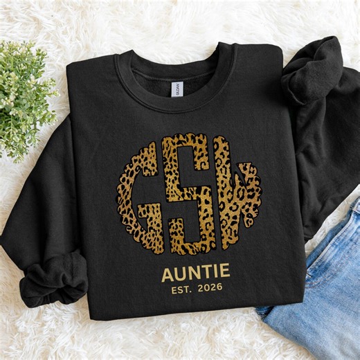 Auntie Est 2026 Sweatshirt, New Aunt Gift, Leopard Monogram Auntie Shirt, First Time Auntie Pregnancy Reveal Gift - Etsy