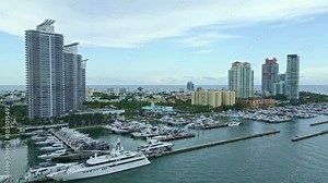 Miami city aerial view skyline panorama with urban skyscrapers. Miami city, Florida skyline panorama with urban skyscrapers. Skyscrapers in Miami Beach. Miami Skyline.
