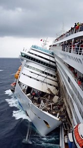 That impact didn’t look gentle—if two massive liners collided like that, at least one was moving fast. Even a speed of 5–10 knots (9–18 km/h) for such giants can cause huge damage. It’s not about high speed—it’s about mass and momentum. And this one hit like a floating freight train! #crash #crashed #damage #sea #ocean #wave #tsunami #ship #boat #cruiseship #cruise #liners #opensea #collapse #port #корабль #лайнер | The.worldai